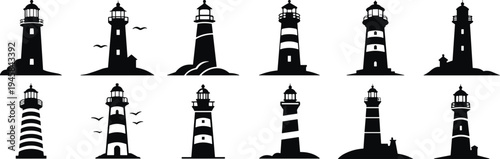 Lighthouse silhouette collection, black and white vector icons, coastal navigation towers, maritime architecture, striped beacon designs, nautical landmark illustrations