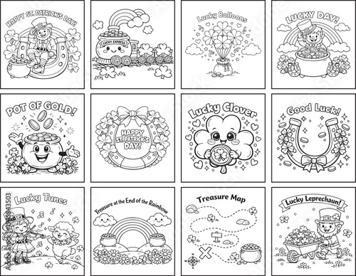 St Patrick's day leprechaun, rainbow, pot of gold, clover & horseshoe with texts Irish luck coloring page bundle for kids, black line art vector illustration doodle set 