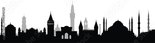 Black silhouette skyline of historic city architecture on white background