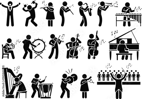 Musician silhouette collection, orchestra instrument icons, black vector artwork, conductor and band figures, musical performance design, symphony illustration graphics