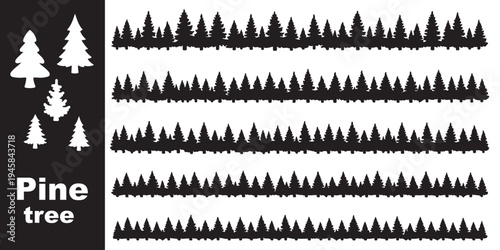 Black pine and spruce forest tree silhouettes collection, evergreen conifer trees border set isolated on white background, nature vector illustration design