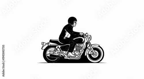 Person in helmet and leather jacket rides classic motorcycle