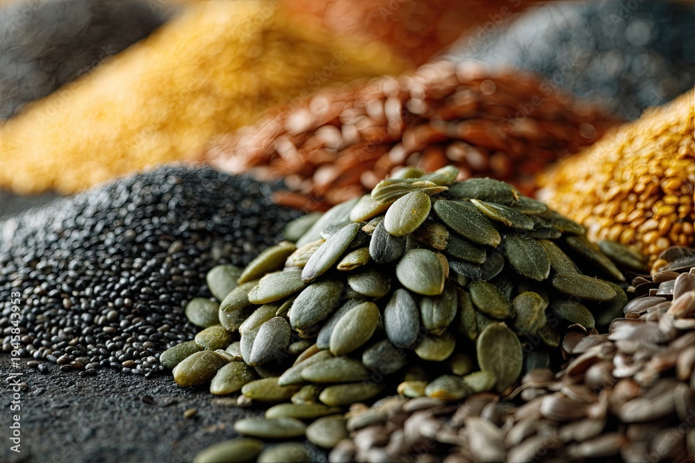 Naklejka premium Abundant piles of nutritious greenish pumpkin seeds and other wholesome grains displayed for culinary use.