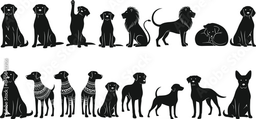 Mega collection of black and white dog silhouettes including Labrador Retriever and lion illustrations in various standing and sitting poses,