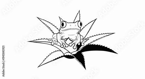 Stylized illustration of a frog perched on spiky leaves