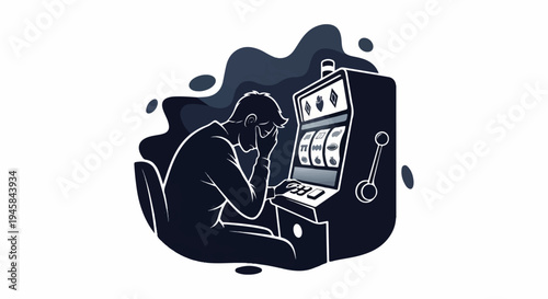 Stressed man with hand on head plays a gambling machine