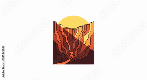 Stylized illustration of a sun setting over a deep canyon with a river