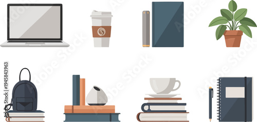 Study essentials laptop, coffee cup, books, plant, backpack, and notebook