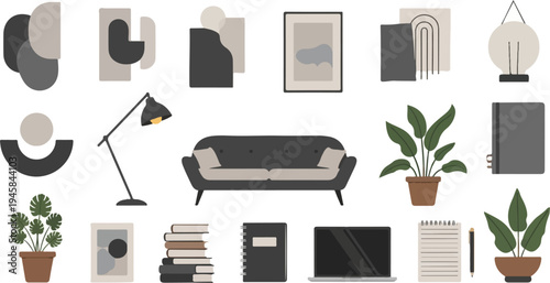 Modern minimalist decor elements including sofa, lamp, plants, art, books, and laptop