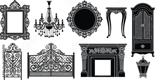 Collection of black vintage furniture silhouettes including ornate frames chandelier fireplace mantel gate cabinet and classical interior decor elements vector