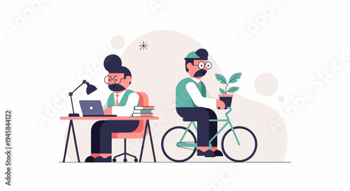 Two stylized people, one at a desk with laptop, other on bike with plant