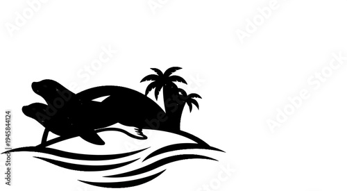 Two seals on a small island with palm trees and waves