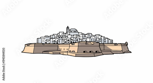 Stylized depiction of a fortified coastal town with white buildings and ramparts