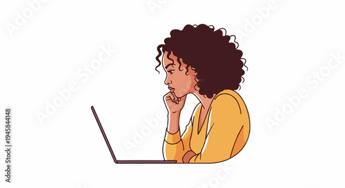 Woman in yellow shirt looking intently at a laptop screen