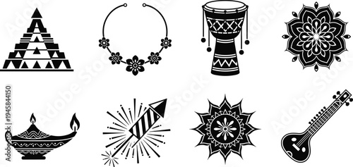 Collection of Indian cultural icons including sitar dhol drum oil lamp mandala and firework rocket in black silhouette vector style