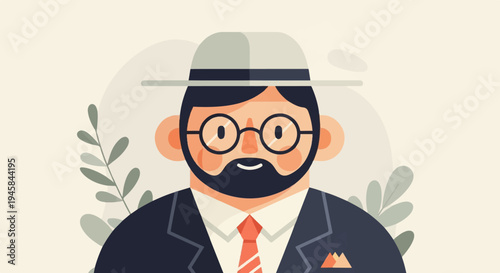 Stylized portrait of a man with a beard, glasses, hat, and suit