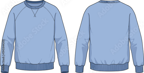 Blue, sweatshirt, template, front, back, view, fashion, clothing, apparel, mockup, casual, long, sleeve, garment, cotton, vector, illustration, blank, design, outfit