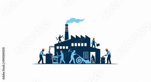 Stylized factory with workers engaged in various tasks, smoke from chimney
