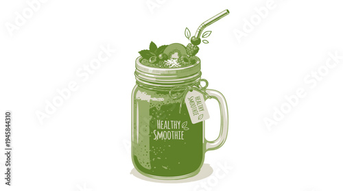 glass jar with green healthy smoothie