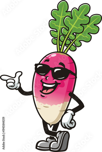 Half Red Half White Radish is wearing sunglasses