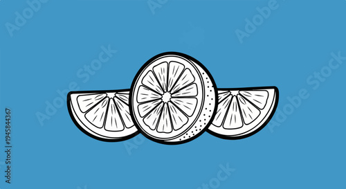 Three line art citrus slices on a blue background