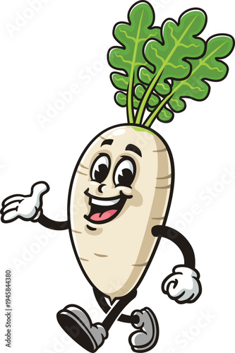 White radish cartoon mascot is walking