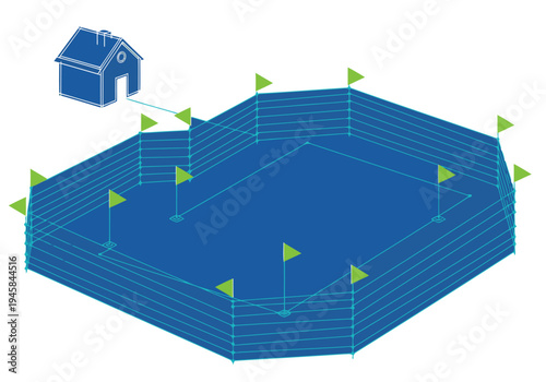 Blueprint illustration of a hexagonal pet containment system. Clean lines and geometric design create a modern, secure visual. Ideal for animal care or rural lifestyle concepts.