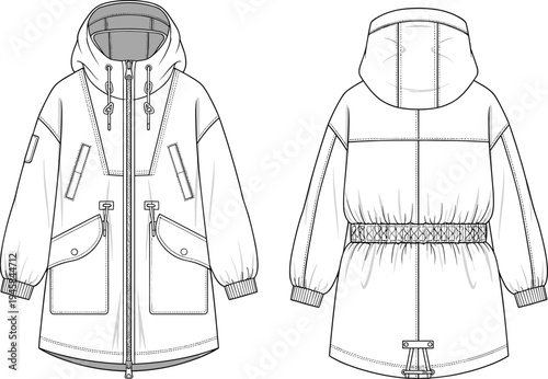 Oversized hooded parka jacket with drawstring waist and pockets, technical fashion flat sketch, front and back view, vector illustration.