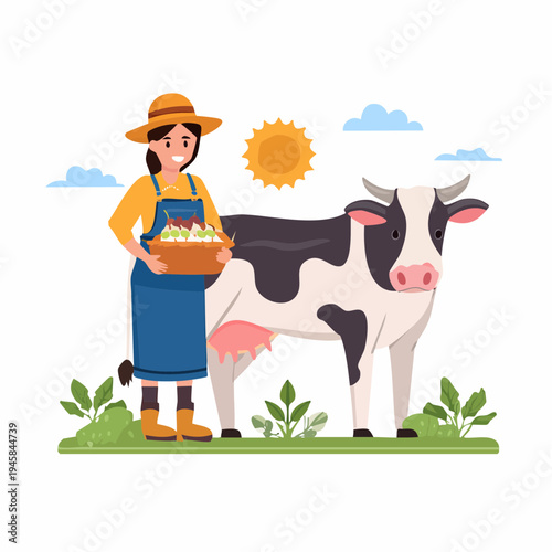 Woman with milk cow collection. Livestock domestic animal with farm worker on ranch. Farmer milker and cattle set