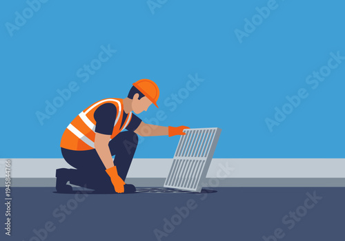 A drainage worker inspects a grate, prioritizing street safety. Clear composition, bright colors, and professional attire highlight worker safety.