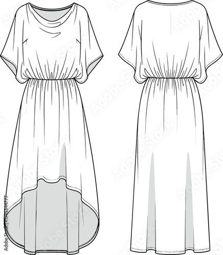 Short sleeve cowl neck dress with elastic waist and high low hemline, technical fashion flat sketch, front and back view.
