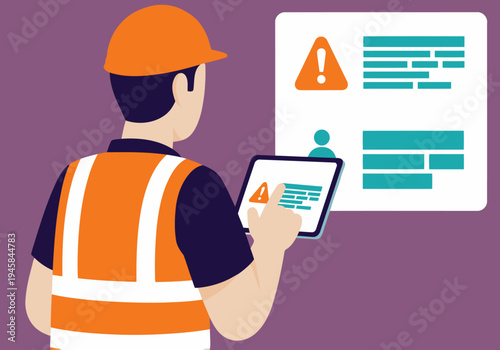 A drainage specialist inspects a tablet, reviewing a warning notice. Professional setting, modern illustration style. Focus on safety and inspection.