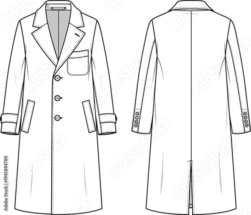 Classic long trench coat with notch lapel and button closure, technical fashion flat sketch, front and back view, vector illustration.