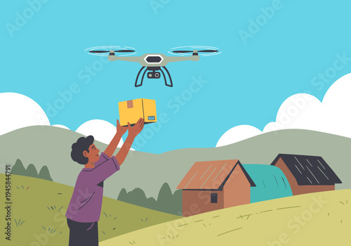A drone delivers aid to a rural village. A man receives a package, showcasing innovative rural delivery solutions. Bright, optimistic scene.