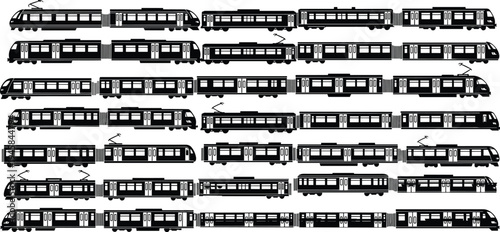 Black train silhouette collection with passenger locomotives subway cars and electric railway transport set of flat vector illustrations on white