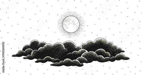 Minimalist illustration of moon and clouds under a starry night sky