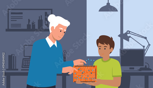 An experienced teacher guides a student through robotics, demonstrating circuit building. A modern classroom setting highlights their collaborative learning.  Bright, engaging illustration.