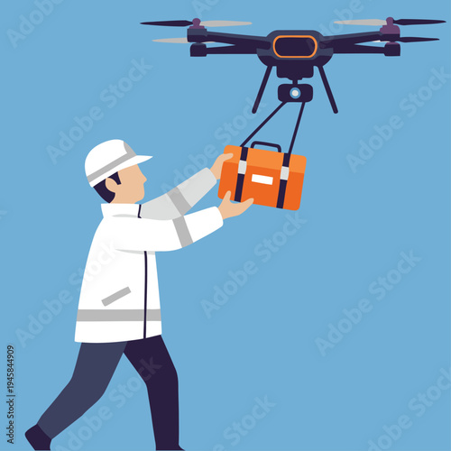 A first responder uses a drone to deliver an emergency kit.  A male figure in a white uniform operates the drone, showcasing rapid response technology.  Bright blue background.