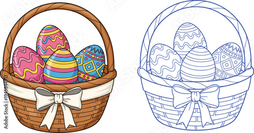 Easter basket with colorful decorated eggs and white ribbon bow vector illustration including a blue line art coloring page version.