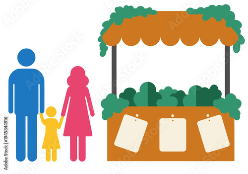 A family enjoys a vibrant farmers market scene. A man, woman, and child stand before a stall overflowing with fresh produce.  Illustrative style, eco-friendly, family focused.