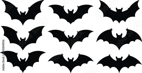 lack flying bat silhouettes isolated on white background for halloween party decorations and spooky gothic graphic design