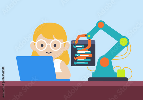 A young girl codes a robotic arm, focused on a laptop screen filled with code. Bright, modern illustration style. Perfect for tech and education themes.
