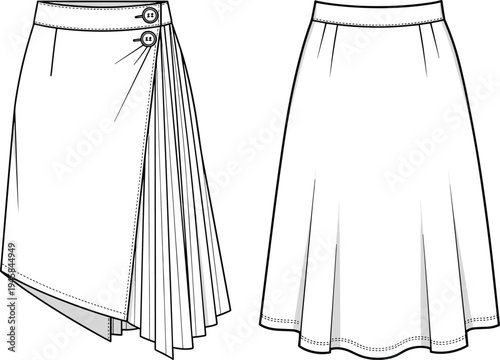 Womens wrap skirt with pleated detail technical fashion sketch, cad drawing flat vector illustration, asymmetric skirt front and back view, mockup