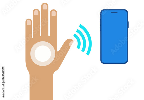 A hand gestures towards a smartphone, syncing health data via a wearable device. Modern, clean design with a focus on digital health technology. Suitable for health and wellness marketing.