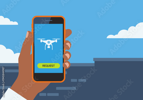 A hand holds a smartphone displaying a rescue drone request app. A blue sky and cityscape form the backdrop. Modern, digital, and helpful.