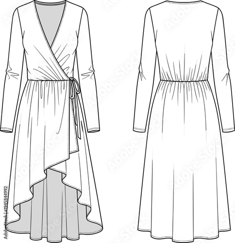 Long sleeve v neck wrap dress with high low hemline, technical fashion flat sketch, front and back view, vector illustration.