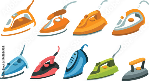 clothes iron vector set featuring various steam irons and handheld garment steamers for laundry and housekeeping services,