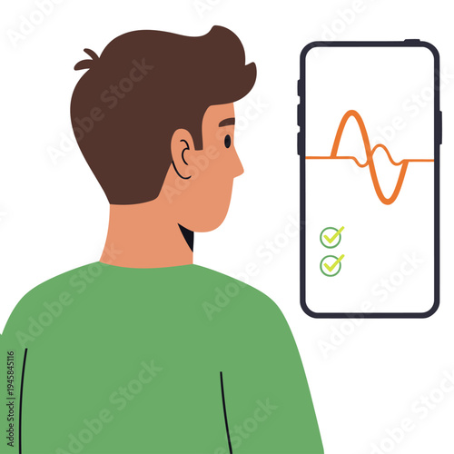 A young man examines a blood sugar impact app on his smartphone, displaying a fluctuating waveform. Modern, digital health concept. Clean, professional illustration.