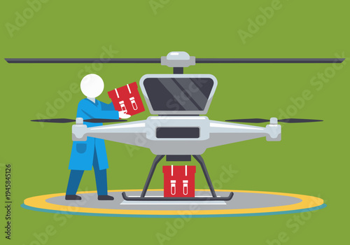 A medical staff member operates a drone delivering medical supplies. Modern, clean design with a focus on healthcare innovation and delivery.