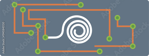 Modern circuit board design featuring a pet fence collar circuit. Clean lines, vibrant green and orange accents on a teal background. Ideal for tech, electronics, or pet product visuals.